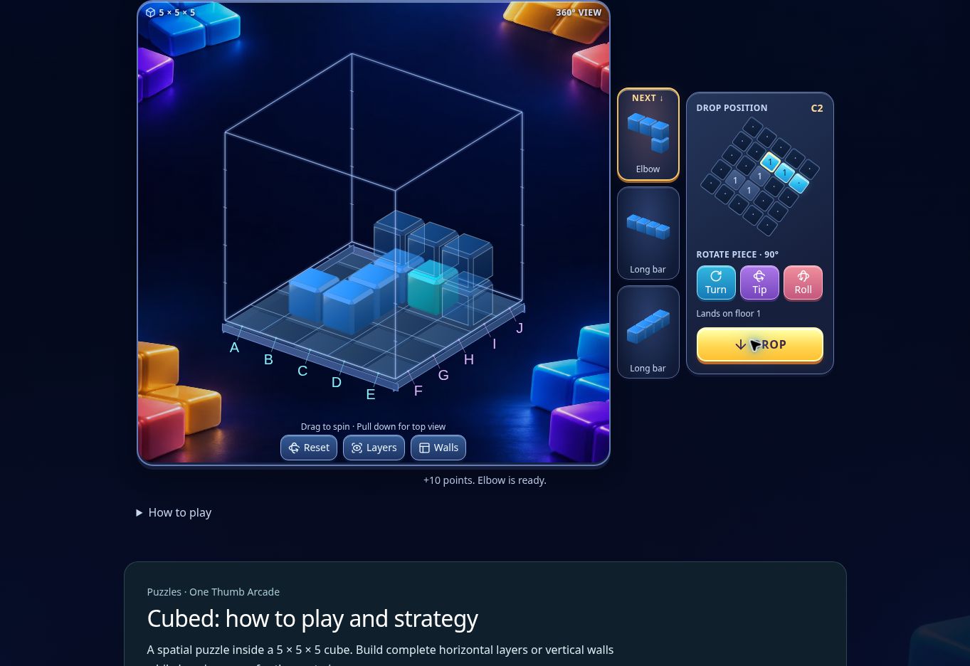 Cubed gameplay with colored blocks inside a transparent three-dimensional cube, a piece queue, and rotation controls.