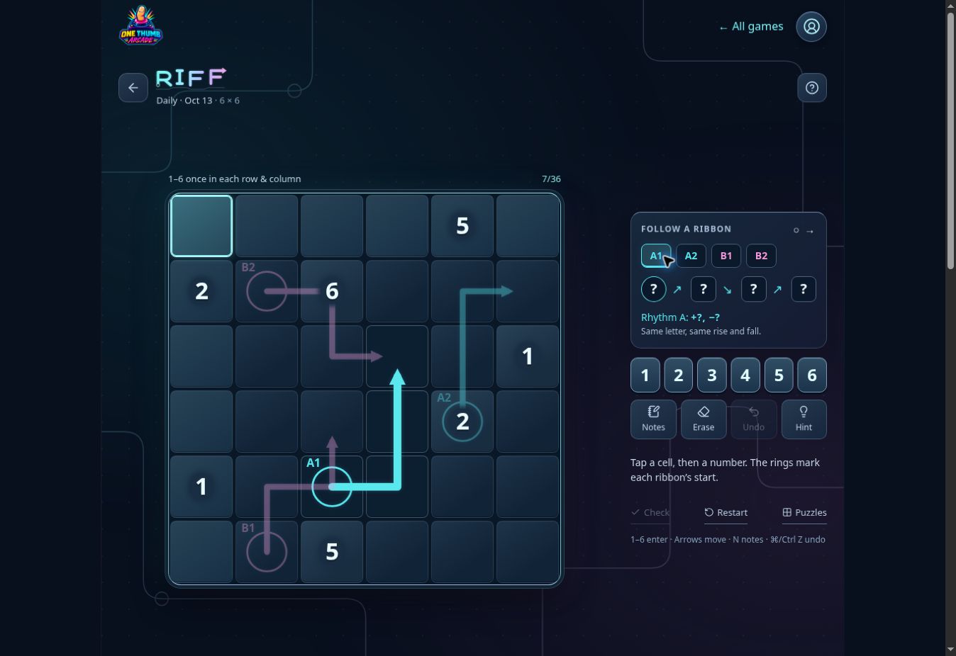 Riff gameplay showing a six-by-six number grid, colored rhythm ribbons, and number-entry controls.